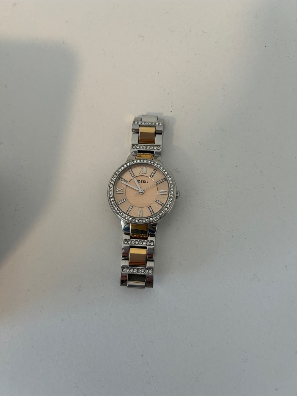 Fossil Two-Tone Silver and Gold Women's Crystal-Trim Watch with Blush Dial